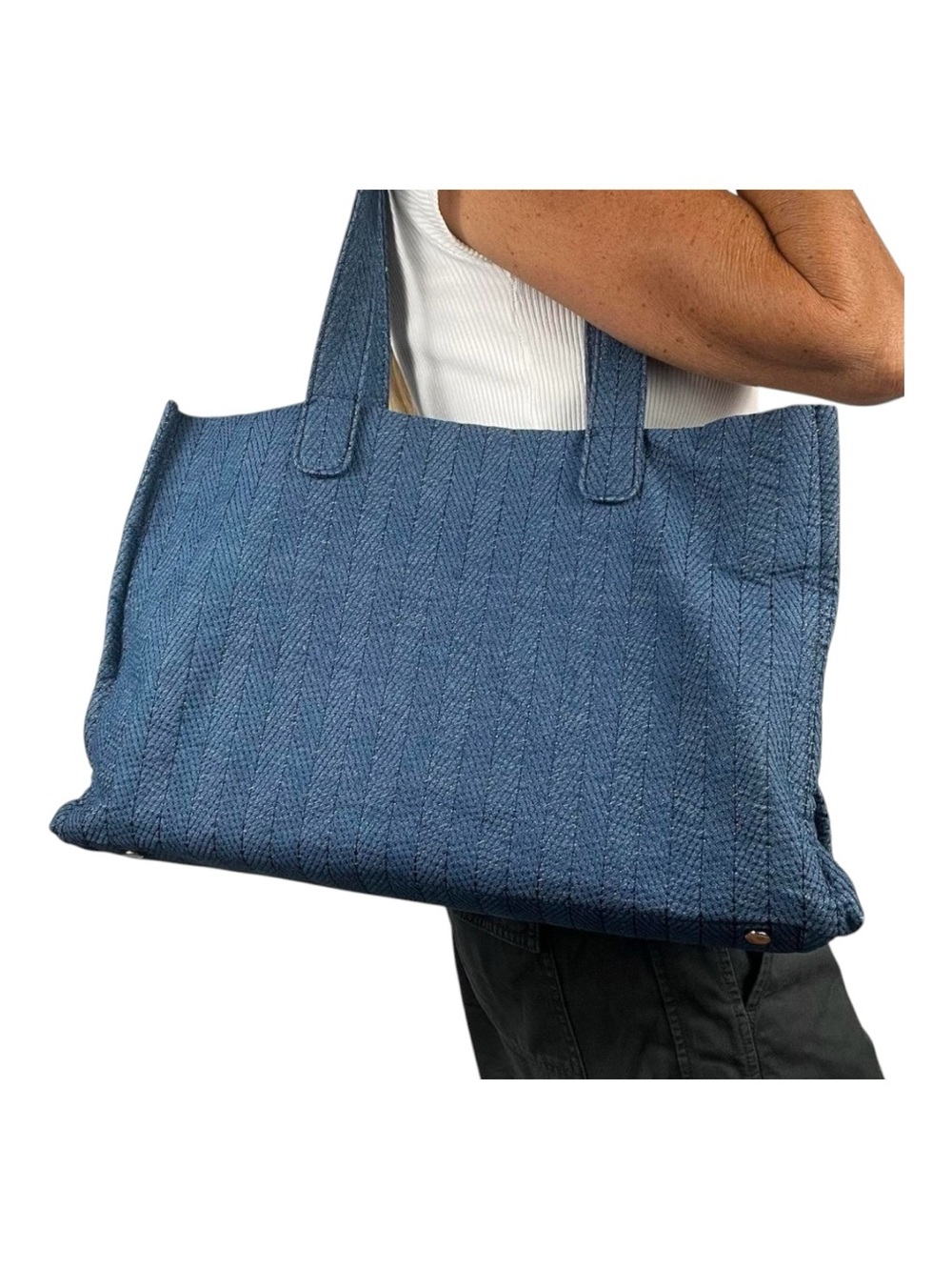 ZARA Blue Denim Zig Zag Topstitch 2 Piece Tote Bag